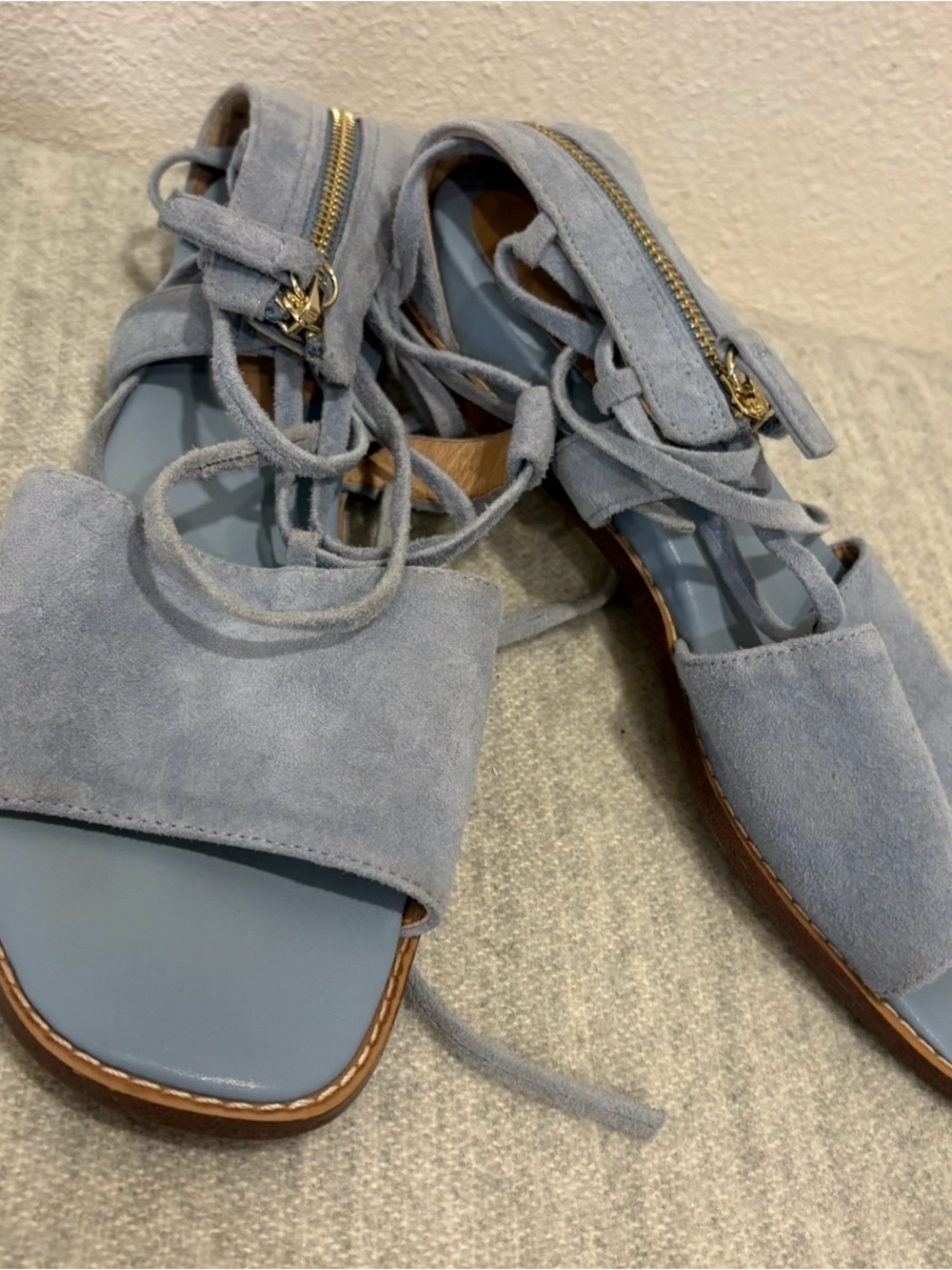 J. Jill Powder Blue Suede Lace-Up Sandals with Gold Zipper Detail